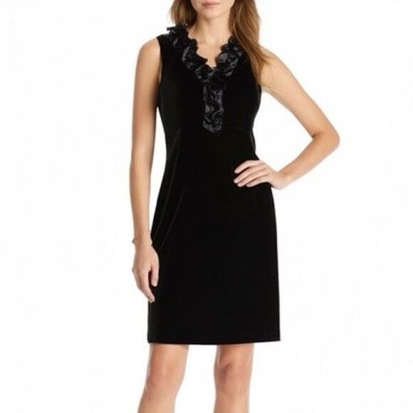 Dress Barn Collection Black Velvet Dress Sz 6 Sleeveless Ruffle V Neck Cocktail - Picture 1 of 11